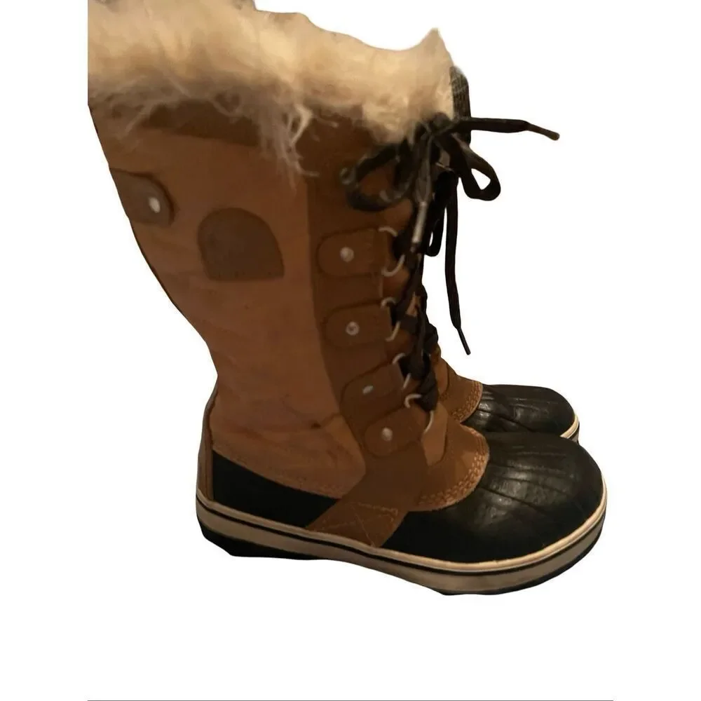 Sorel Tofino II Kids Girls Tan Black Faux Fur Waterproof Winter Snow Boot Size 2